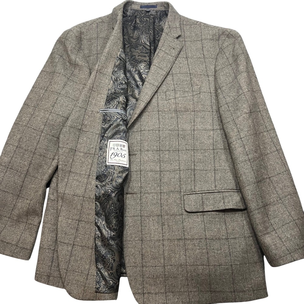 Jos A Bank 1905 48R Brown Windowpane Plaid 100% Wool Tailored Sport Coat Paisley